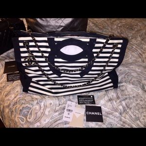 Chanel XL Mariniere Chain Striped Black White Tote